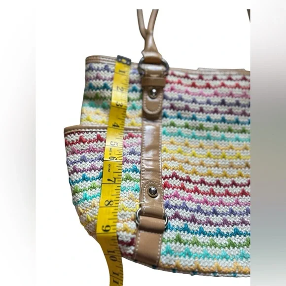 Woven Multicolor Straw Tote Bag Tan Faux Leather Handles Shoulder Purse - Picture 16 of 16